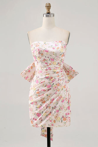 Pink Floral Strapless Ruched Short Prom Dress with Bow