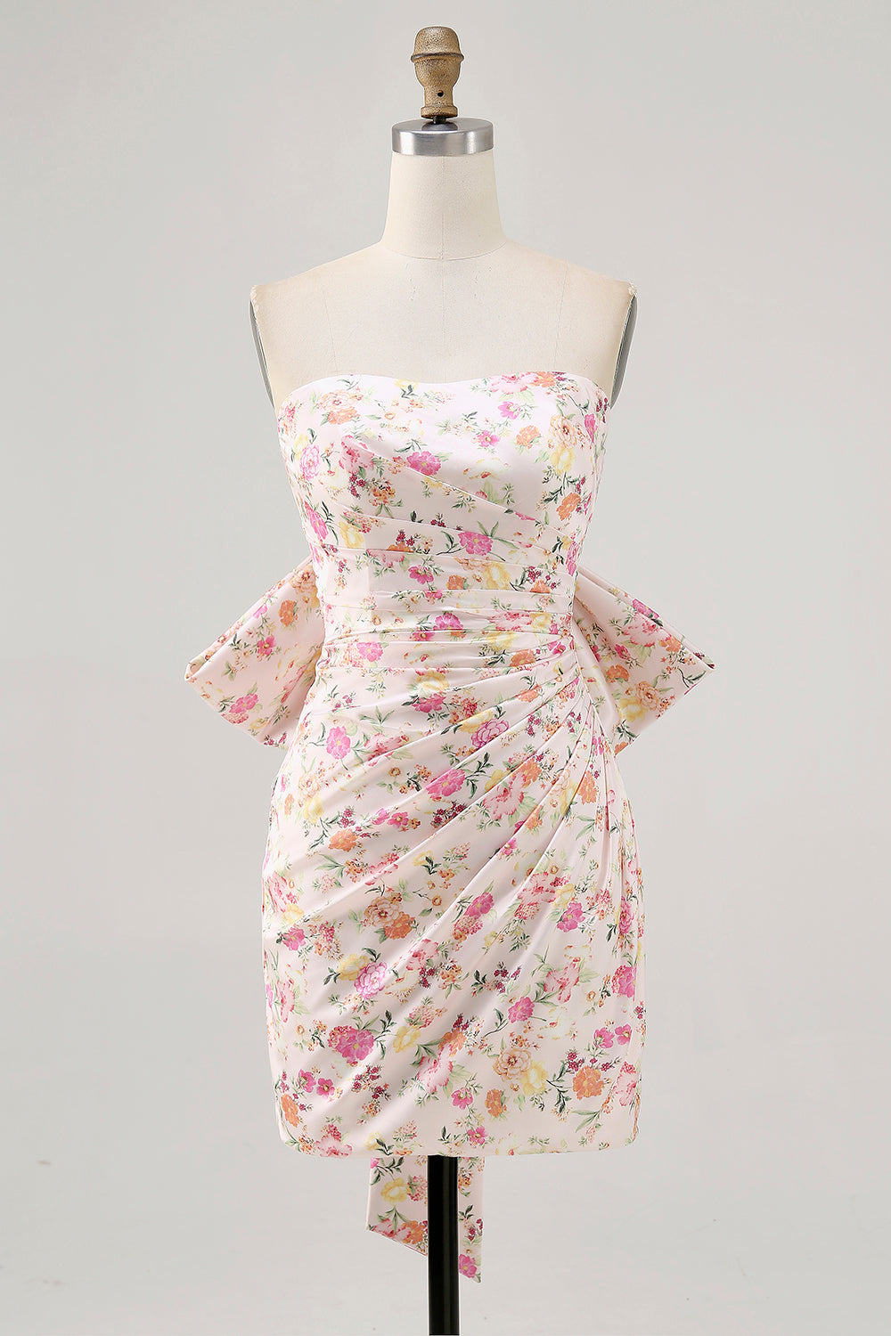 Pink Floral Strapless Ruched Short Prom Dress with Bow