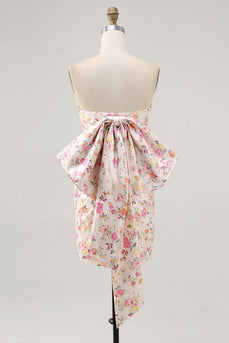 Pink Floral Strapless Ruched Short Prom Dress with Bow