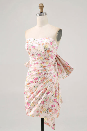 Pink Floral Strapless Ruched Short Prom Dress with Bow