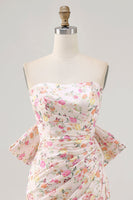 Load image into Gallery viewer, Pink Floral Strapless Ruched Short Prom Dress with Bow
