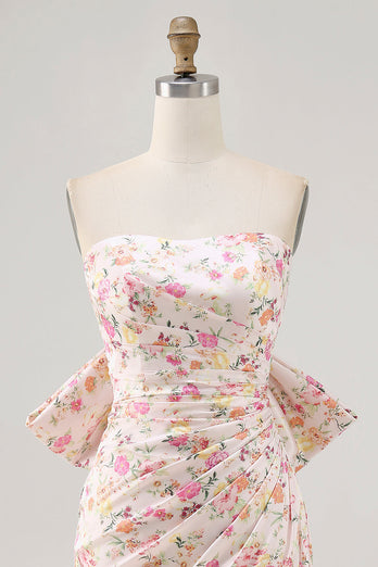 Pink Floral Strapless Ruched Short Prom Dress with Bow