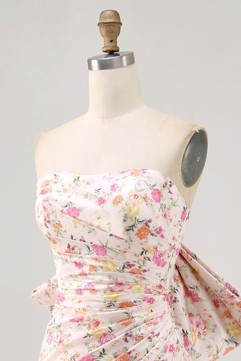 Pink Floral Strapless Ruched Short Prom Dress with Bow