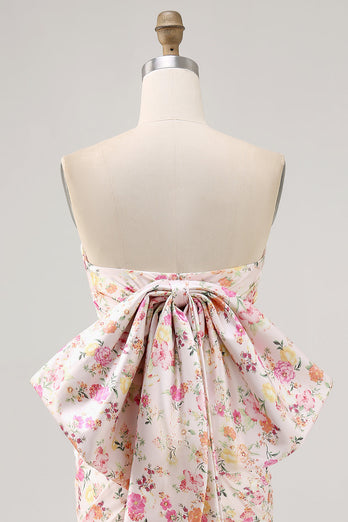 Pink Floral Strapless Ruched Short Prom Dress with Bow