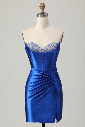 Sparkly Royal Blue Tight Short Corset Prom Dress with Beading