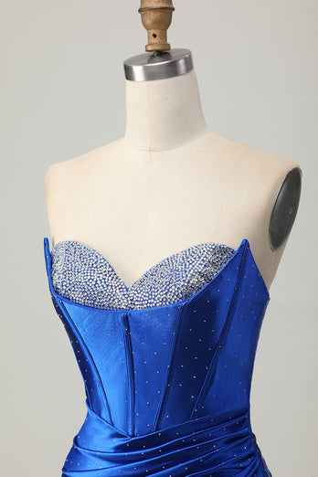 Sparkly Royal Blue Tight Short Corset Prom Dress with Beading