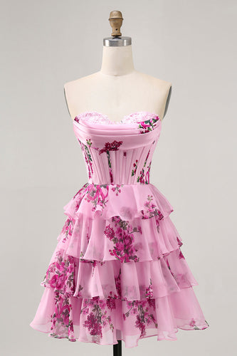 Pink Floral Short Sweetheart Corset Prom Dress with Ruffles