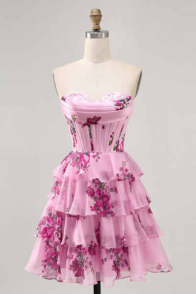 Pink Floral Short Sweetheart Corset Prom Dress with Ruffles