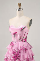 Load image into Gallery viewer, Pink Floral Short Sweetheart Corset Prom Dress with Ruffles