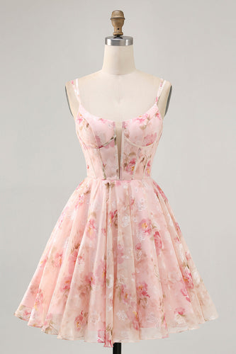 Blush A Line Floral Chiffon Short Corset Prom Dress
