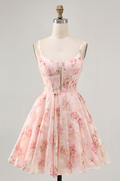 Blush A Line Floral Chiffon Short Corset Prom Dress