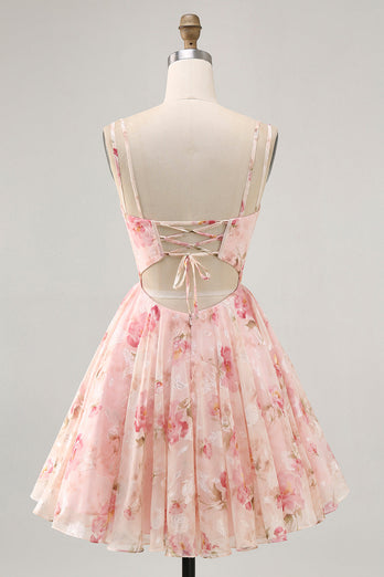 Blush A Line Floral Chiffon Short Corset Prom Dress