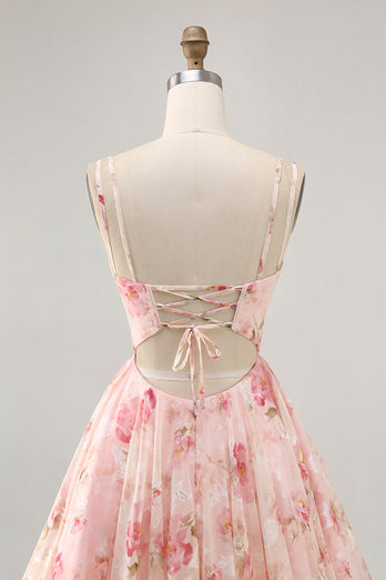 Blush A Line Floral Chiffon Short Corset Prom Dress
