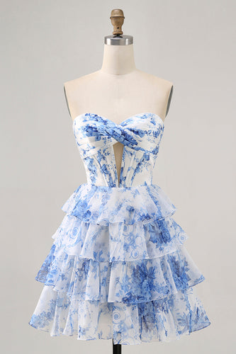 White and Blue Ruffled Floral Short Corset Prom Dress with Keyhole