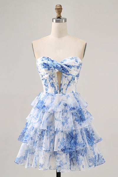 White and Blue Ruffled Floral Short Corset Prom Dress with Keyhole