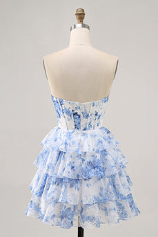 White and Blue Ruffled Floral Short Corset Prom Dress with Keyhole