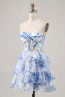 Load image into Gallery viewer, White and Blue Ruffled Floral Short Corset Prom Dress with Keyhole