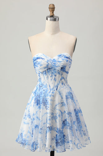 White Blue Flower Corset A Line Short Prom Dress
