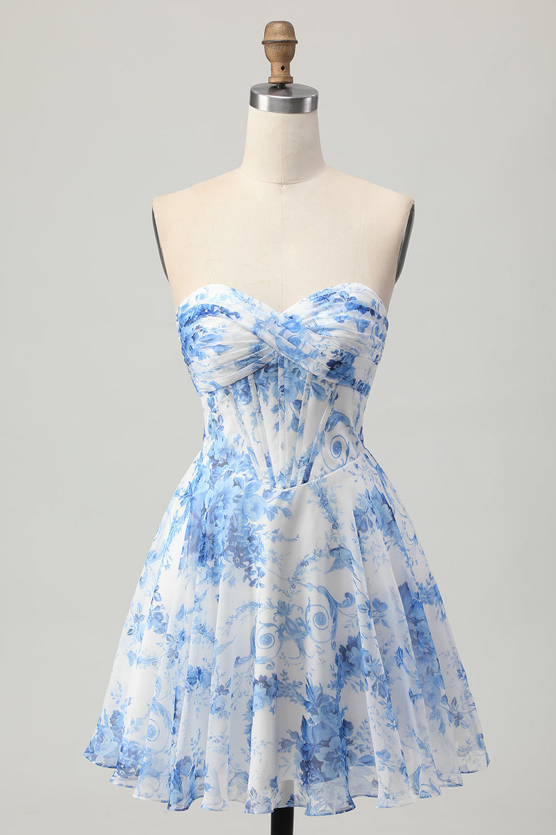 Load image into Gallery viewer, White Blue Flower Corset A Line Short Prom Dress