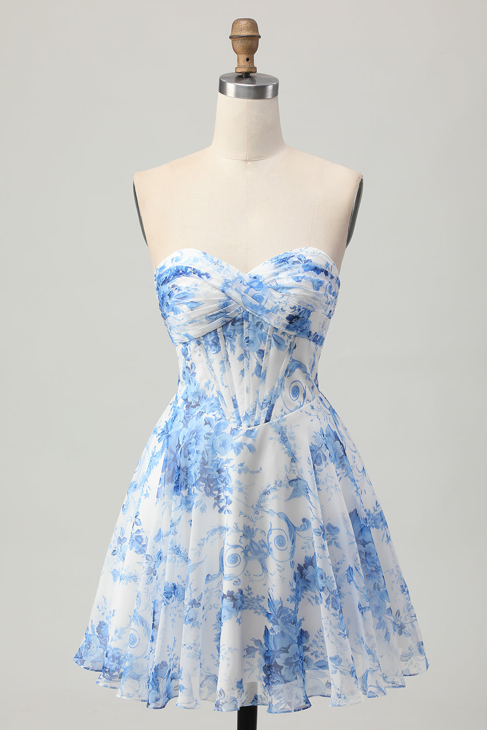White Blue Flower Corset A Line Short Prom Dress