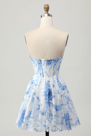 White Blue Flower Corset A Line Short Prom Dress