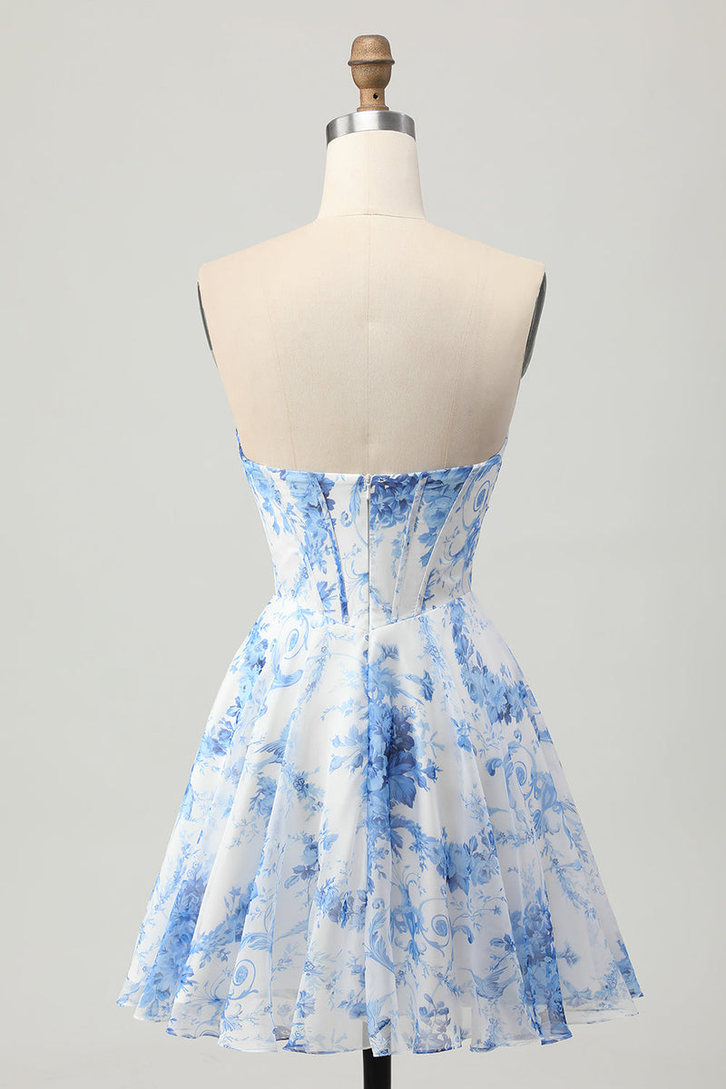 Load image into Gallery viewer, White Blue Flower Corset A Line Short Prom Dress