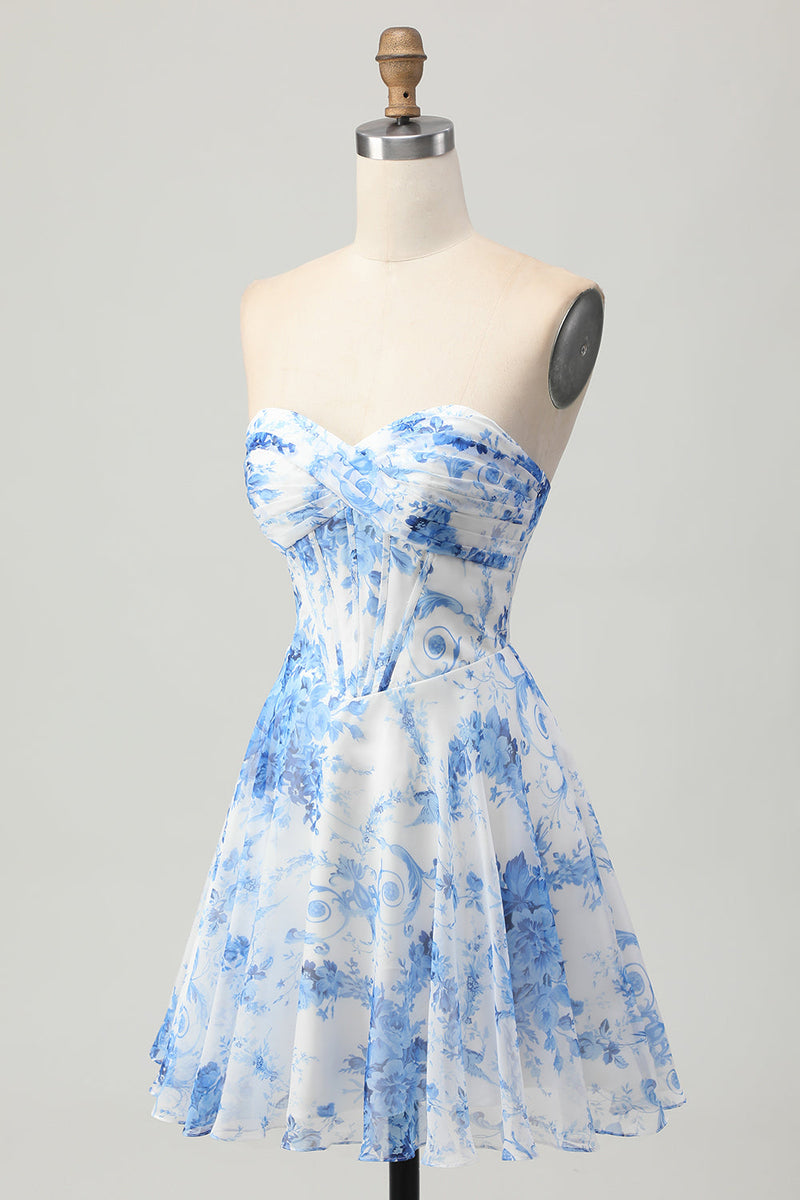 Load image into Gallery viewer, White Blue Flower Corset A Line Short Prom Dress