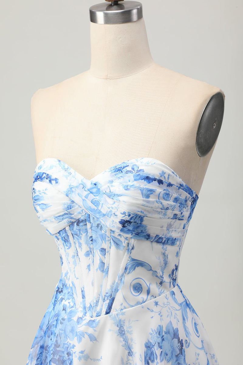 Load image into Gallery viewer, White Blue Flower Corset A Line Short Prom Dress