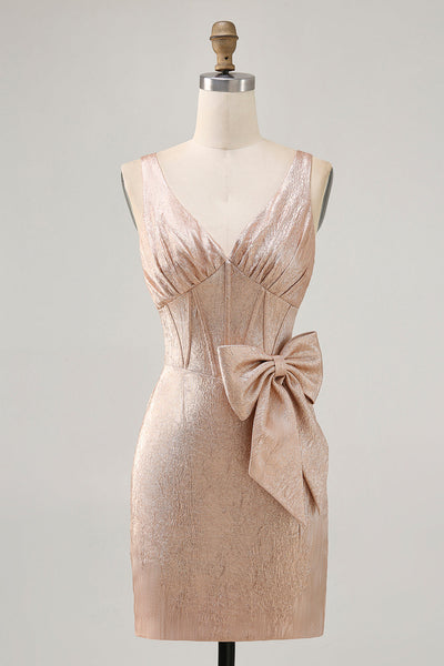 Champagne Tight Jacquard Short Corset Prom Dress with Bow