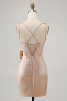 Load image into Gallery viewer, Champagne Tight Jacquard Short Corset Prom Dress with Bow