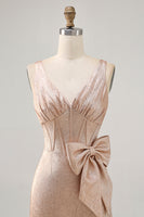 Load image into Gallery viewer, Champagne Tight Jacquard Short Corset Prom Dress with Bow