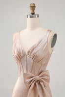 Load image into Gallery viewer, Champagne Tight Jacquard Short Corset Prom Dress with Bow