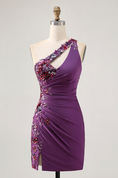 Sparkly Dark Purple Tight One Shoulder Floral Short Prom Dress