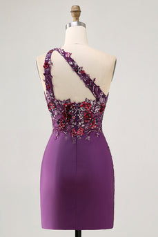 Sparkly Dark Purple Tight One Shoulder Floral Short Prom Dress