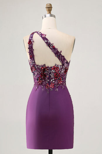 Sparkly Dark Purple One Shoulder Floral Tight Short Prom Dress
