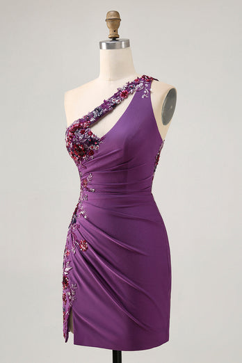 Sparkly Dark Purple One Shoulder Floral Tight Short Prom Dress