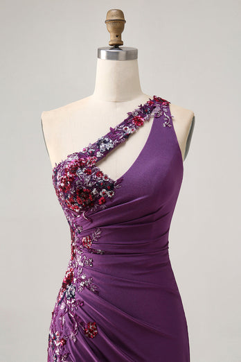 Sparkly Dark Purple One Shoulder Floral Tight Short Prom Dress