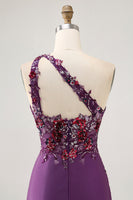 Load image into Gallery viewer, Sparkly Dark Purple One Shoulder Floral Tight Short Prom Dress