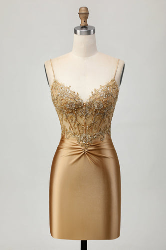 Sparkly Golden Tight Short Corset Prom Dress with Lace