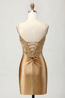 Load image into Gallery viewer, Sparkly Golden Tight Short Corset Prom Dress with Lace