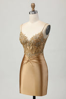 Load image into Gallery viewer, Sparkly Golden Tight Short Corset Prom Dress with Lace