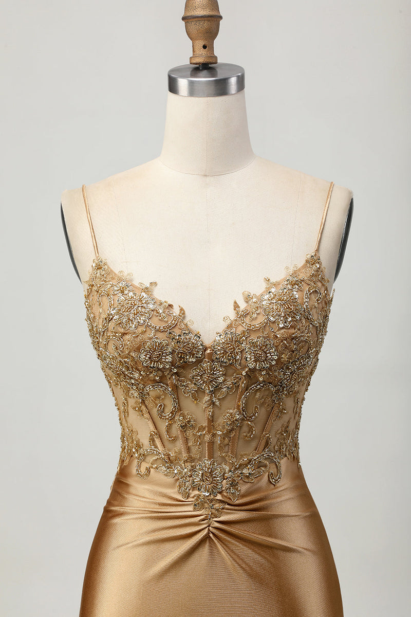 Load image into Gallery viewer, Sparkly Golden Tight Short Corset Prom Dress with Lace