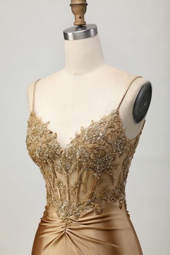 Sparkly Golden Tight Short Corset Prom Dress with Lace