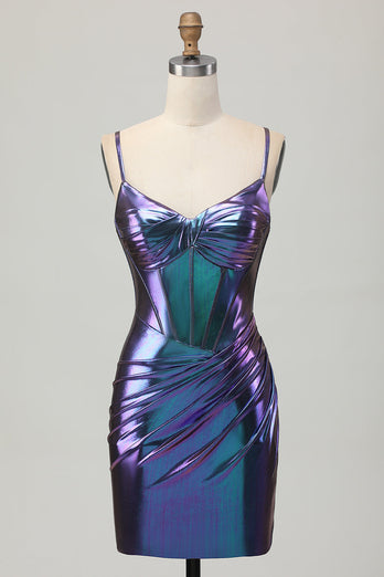 Metallic Blue Purple Corset Tight Glitter Short Prom Dress