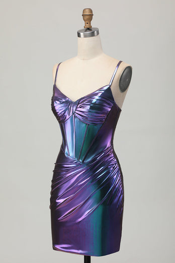 Metallic Blue Purple Corset Tight Glitter Short Prom Dress