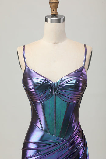 Metallic Blue Purple Corset Tight Glitter Short Prom Dress