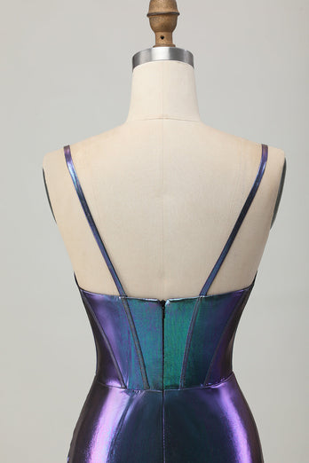 Metallic Blue Purple Corset Tight Glitter Short Prom Dress