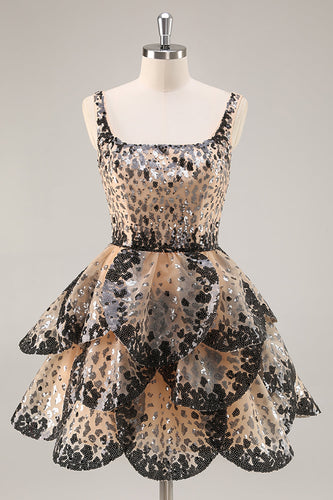 Sparkly Black and Apricot Sequin Tiered Short Prom Dress