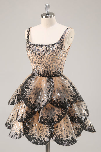 Sparkly Black and Apricot Sequin Tiered Short Prom Dress