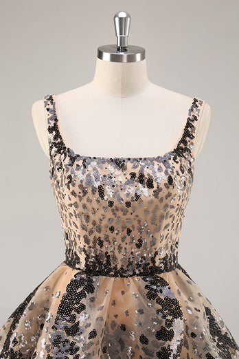 Sparkly Black and Apricot Sequin Tiered Short Prom Dress